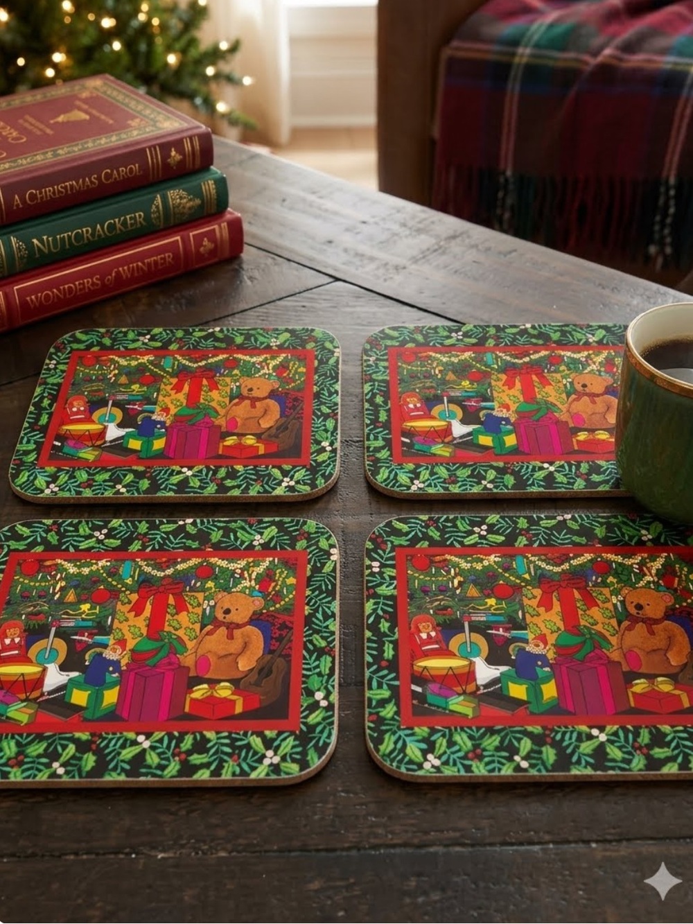 Set of 4 Christmas Holly Bear Cork Back Coasters artwork by P. Rosencrantz